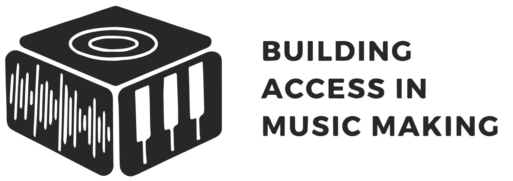 A black cube-shaped logo with piano keys, a waveform, and a circular speaker-like design. On the right it reads "Building access in music making" in upper case.